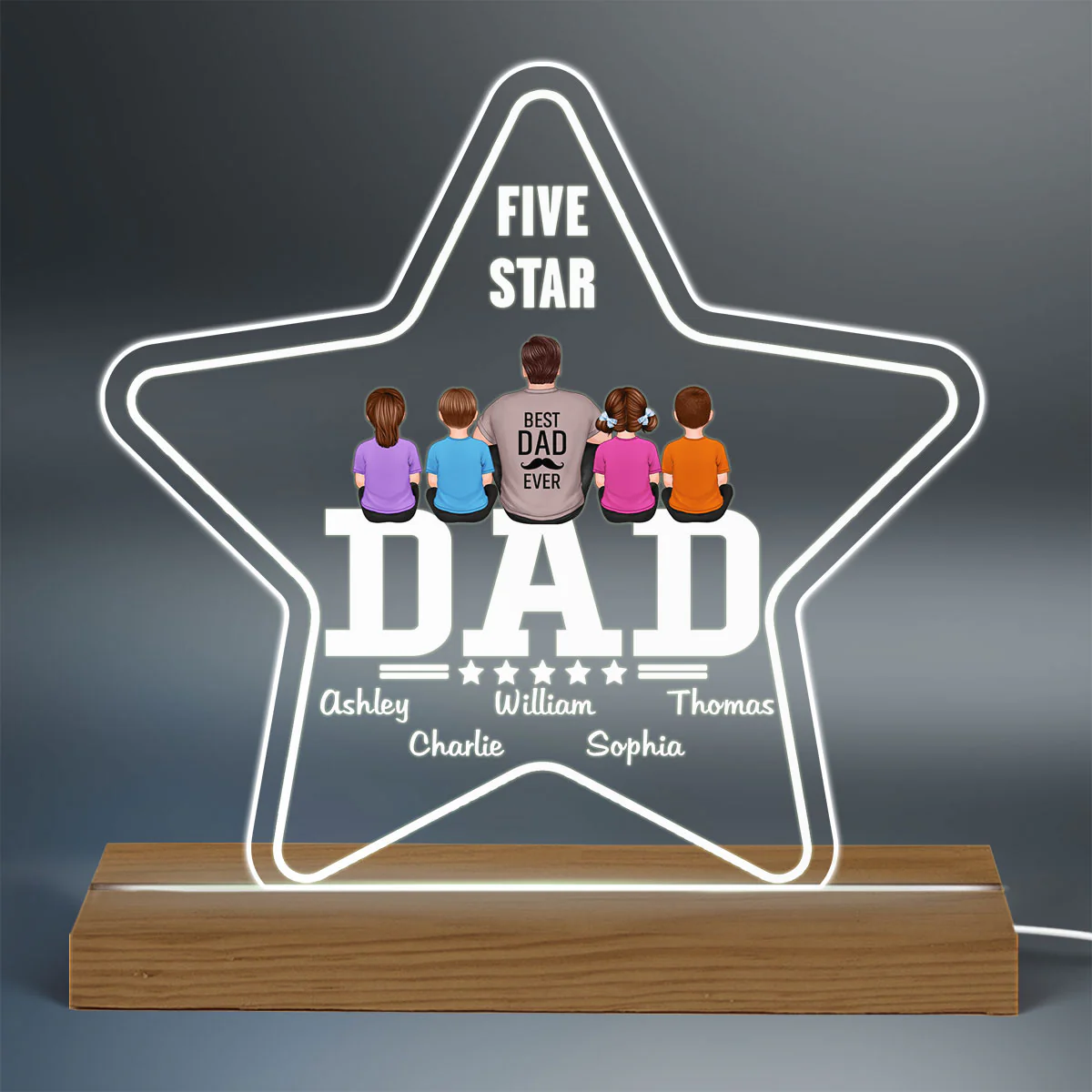 Five - Star Dad Back View Sitting Man Kids Dog Cat Personalized Warm Acrylic Custom Shape LED Night Light - Image 3