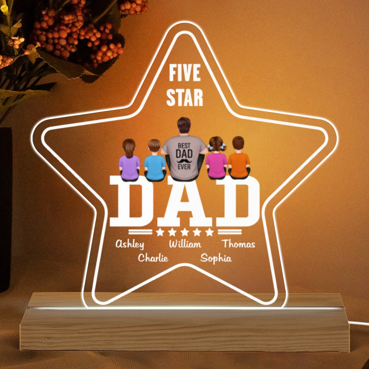 Five - Star Dad Back View Sitting Man Kids Dog Cat Personalized Warm Acrylic Custom Shape LED Night Light - Image 4