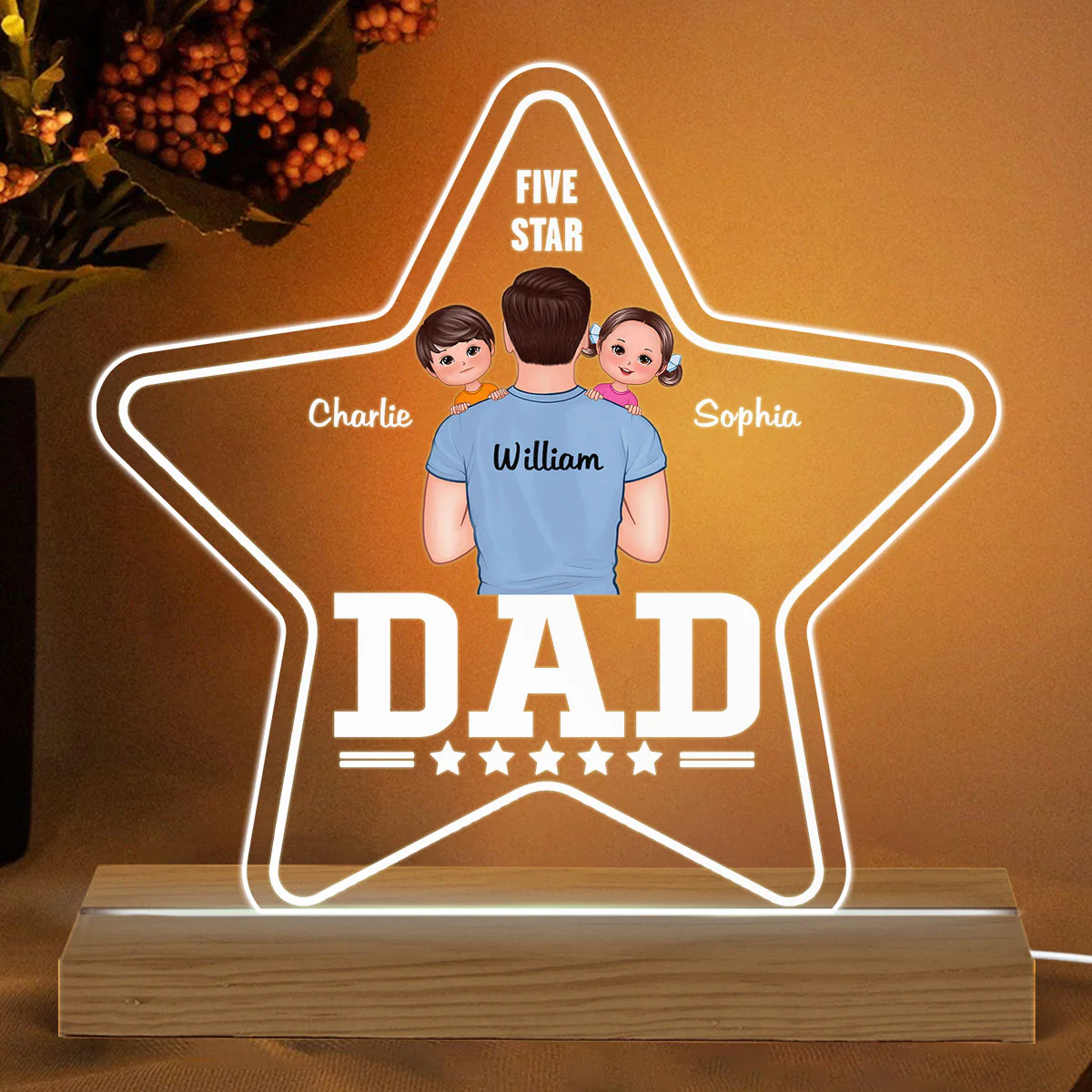 Five - Star Dad Carrying Kids On Shoulder Personalized Warm Acrylic Custom Shape LED Night Light - Image 2
