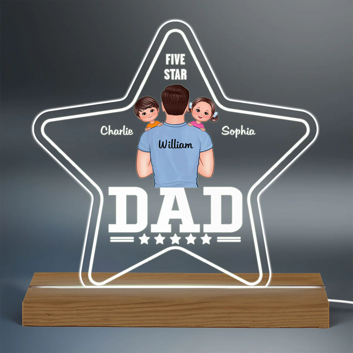 Five - Star Dad Carrying Kids On Shoulder Personalized Warm Acrylic Custom Shape LED Night Light - Image 3