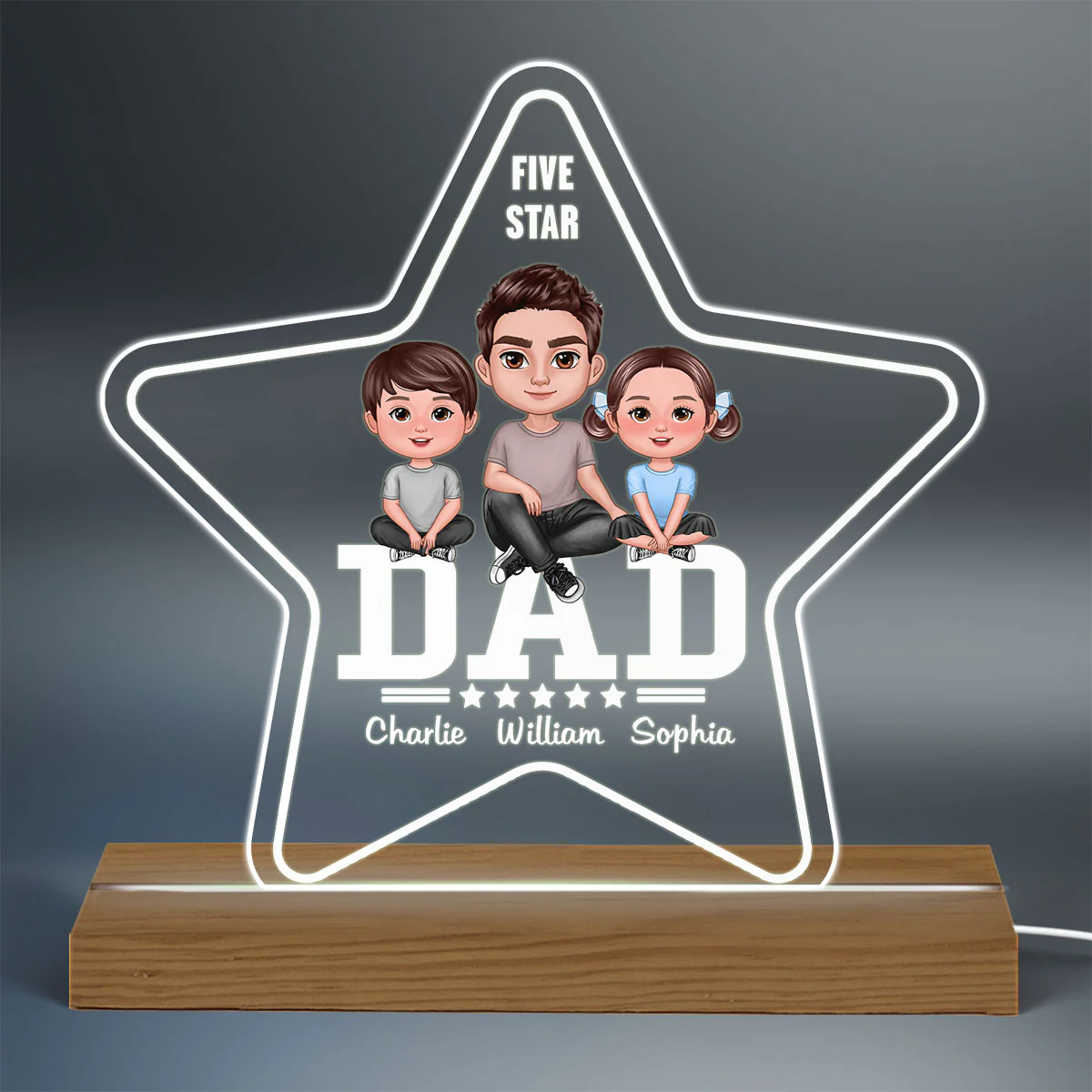 Five Star Dad Doll Sitting Man & Kids Personalized Warm Acrylic Custom Shape LED Night Light - Image 3