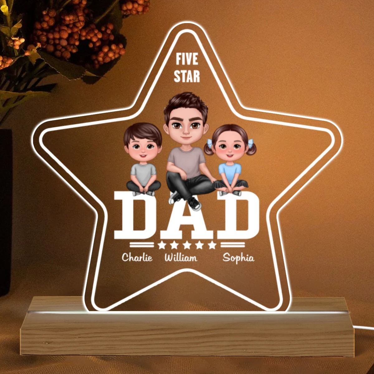 Five Star Dad Doll Sitting Man & Kids Personalized Warm Acrylic Custom Shape LED Night Light - Image 4