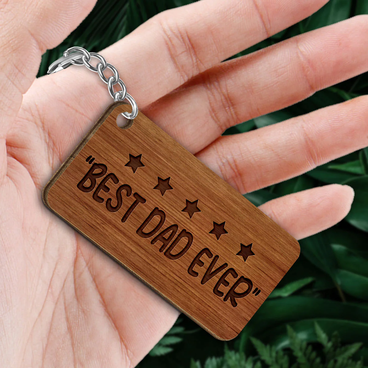 Five-star Dad Grandpa Back View Sitting Man Kid Dog Cat Personalized Wooden Keychain - Image 2