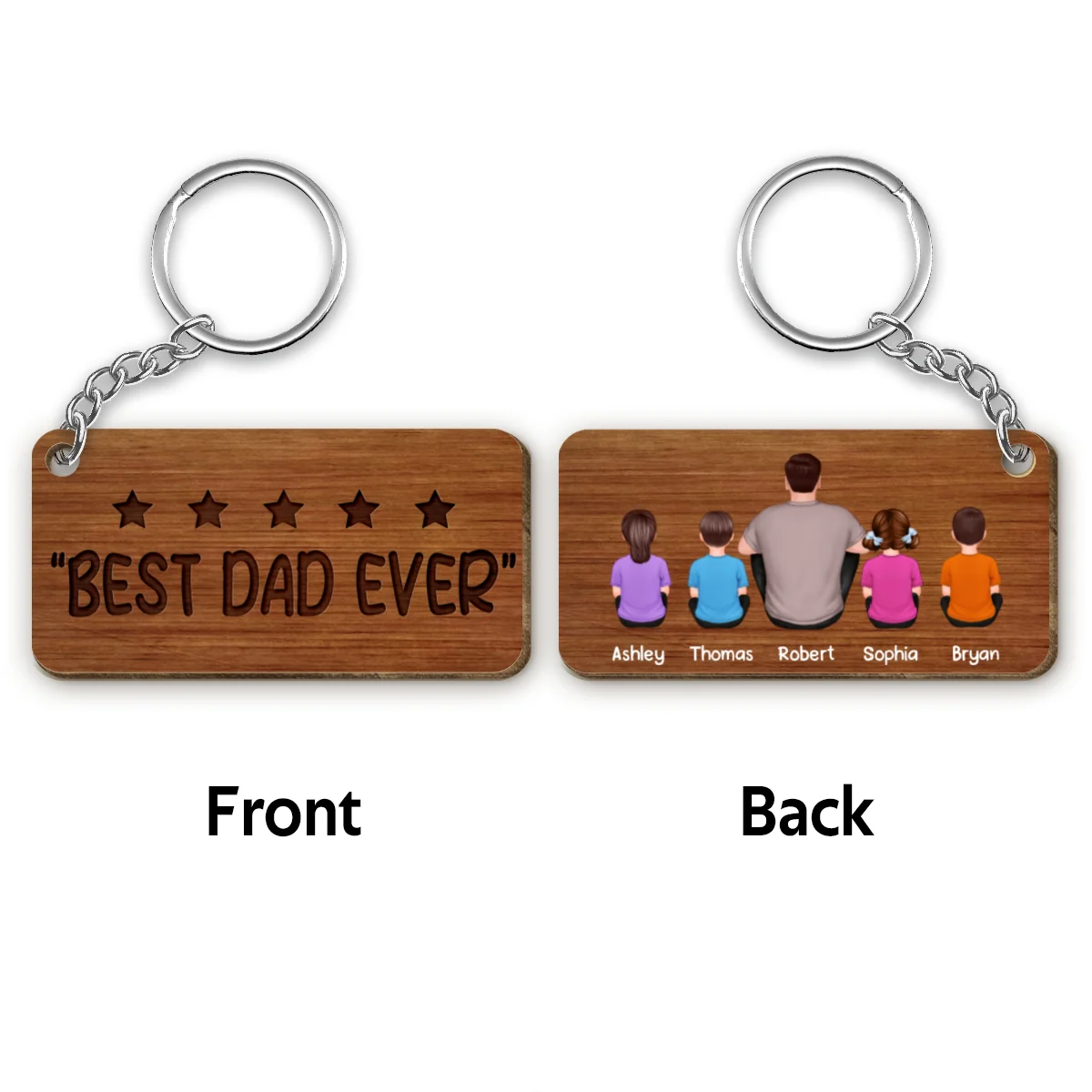 Five-star Dad Grandpa Back View Sitting Man Kid Dog Cat Personalized Wooden Keychain - Image 4