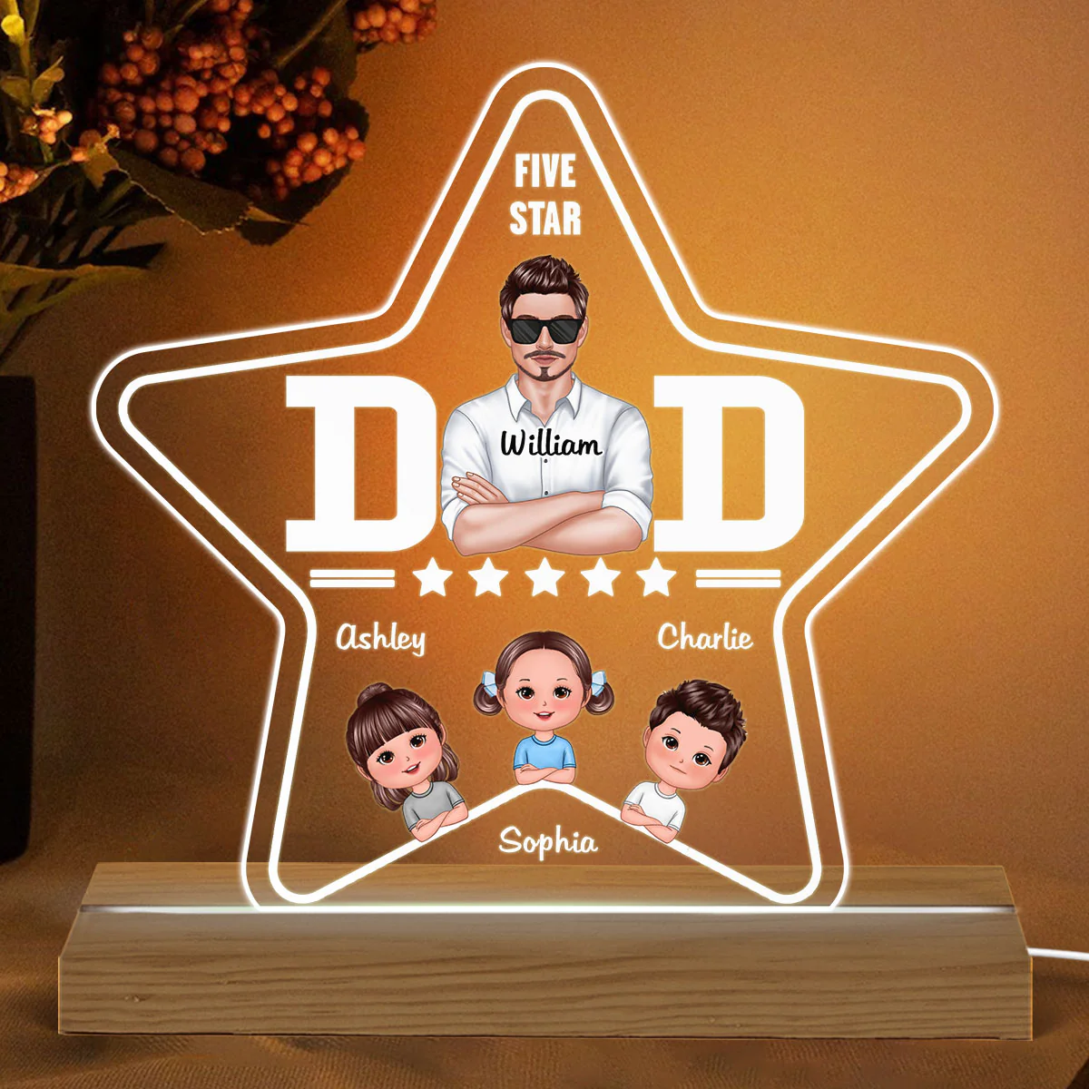 Five - Star Dad Real Man And Kids Personalized Custom Shape Acrylic LED Night Light - Image 2