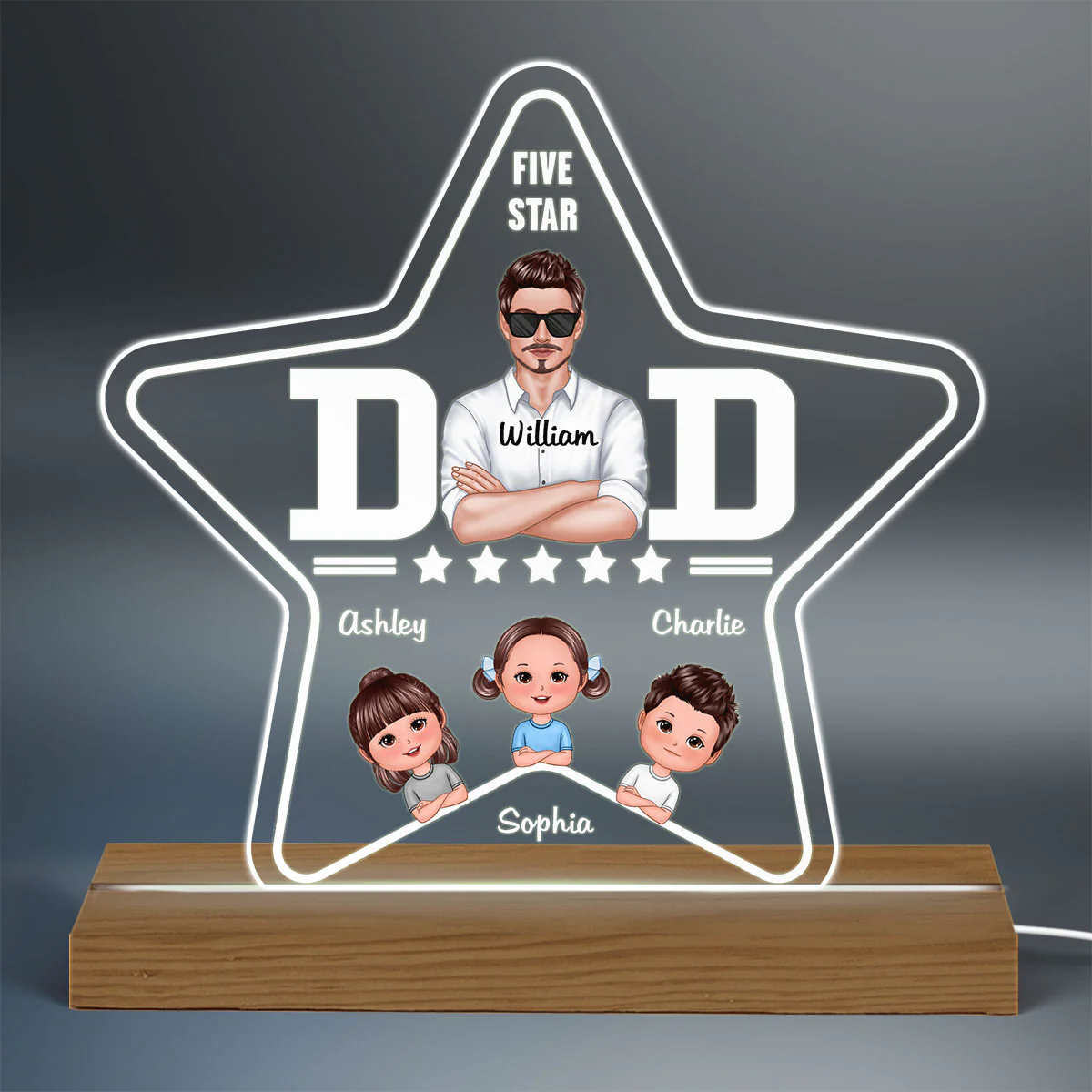 Five - Star Dad Real Man And Kids Personalized Custom Shape Acrylic LED Night Light - Image 3