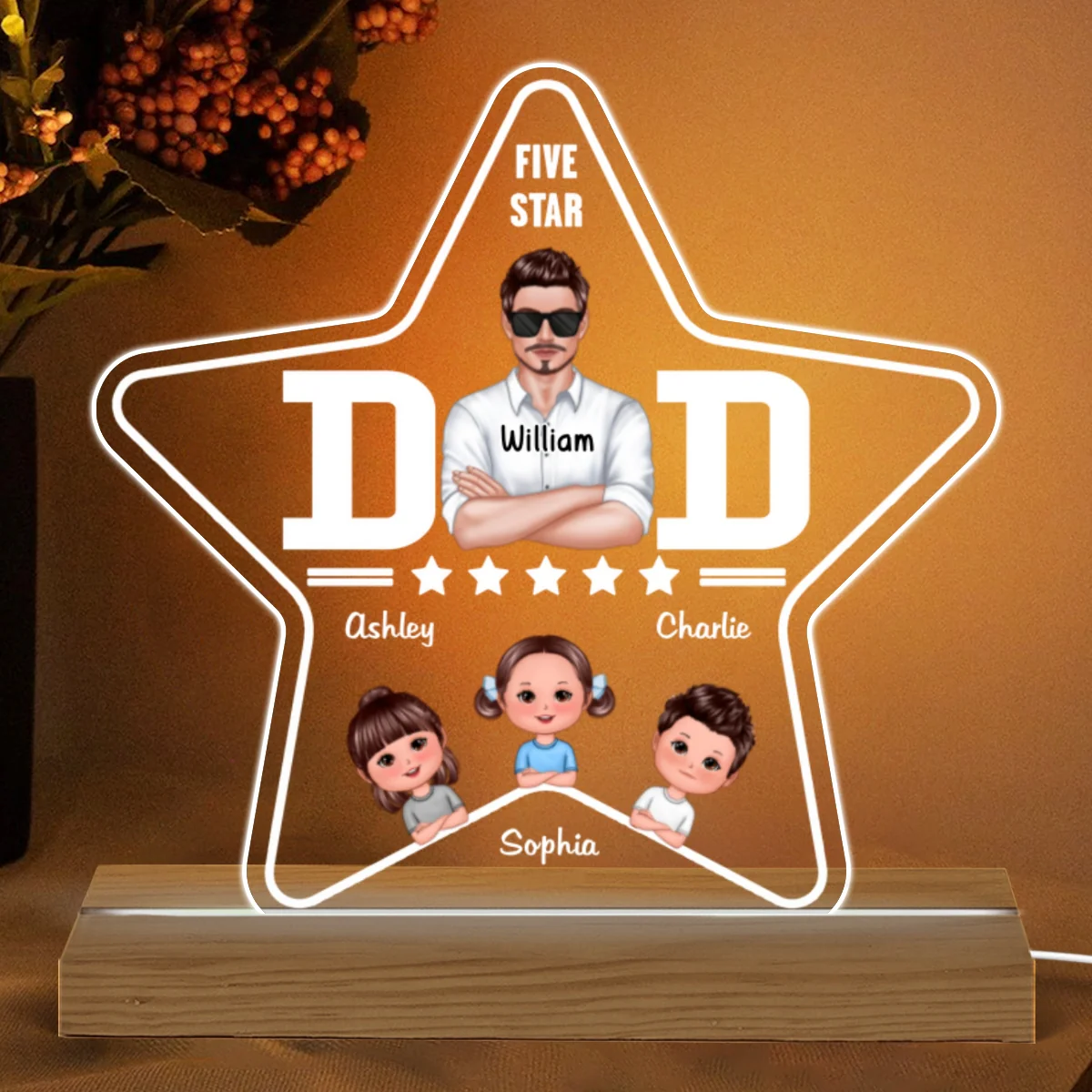 Five - Star Dad Real Man And Kids Personalized Custom Shape Acrylic LED Night Light - Image 5