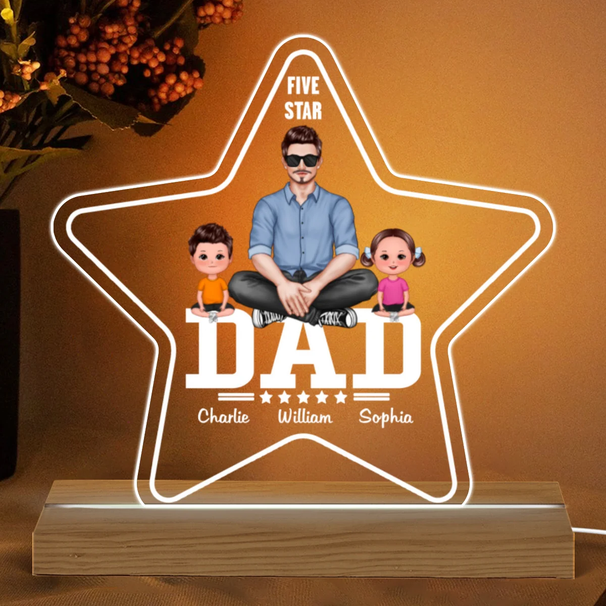 Five - Star Dad Real Man And Kids Sitting Personalized Custom Shape Acrylic LED Night Light - Image 5