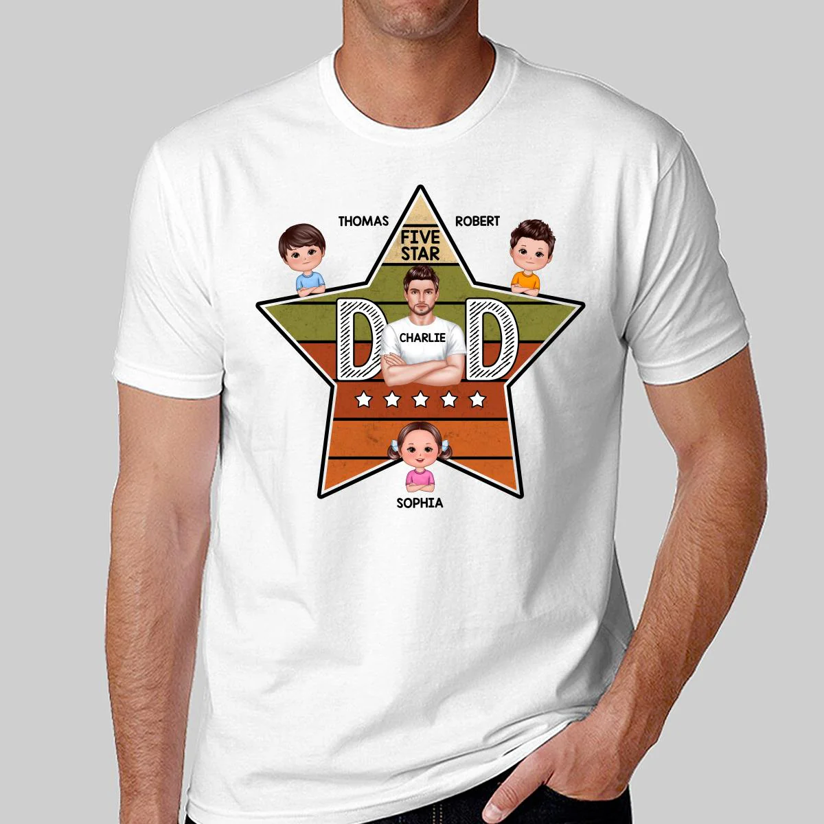 Five Star Dad Retro Real Man And Kids Personalized Shirt - Image 2