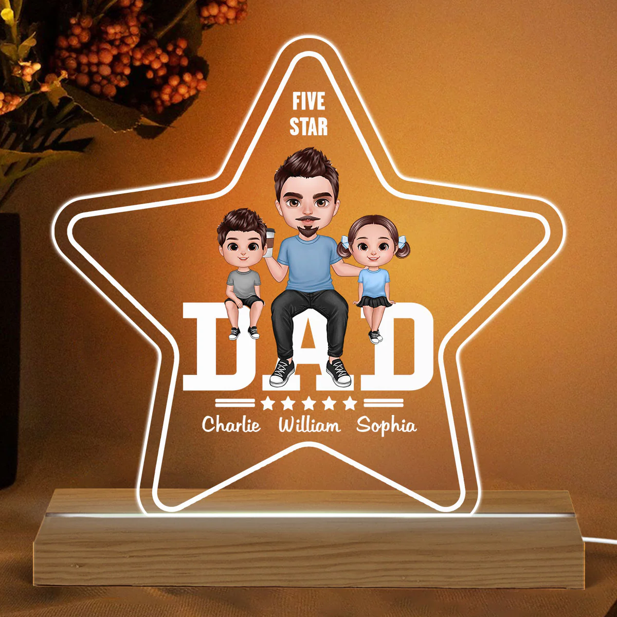 Five - Star Doll Dad And Kids Personalized Warm Custom Shape LED Night Light - Image 2