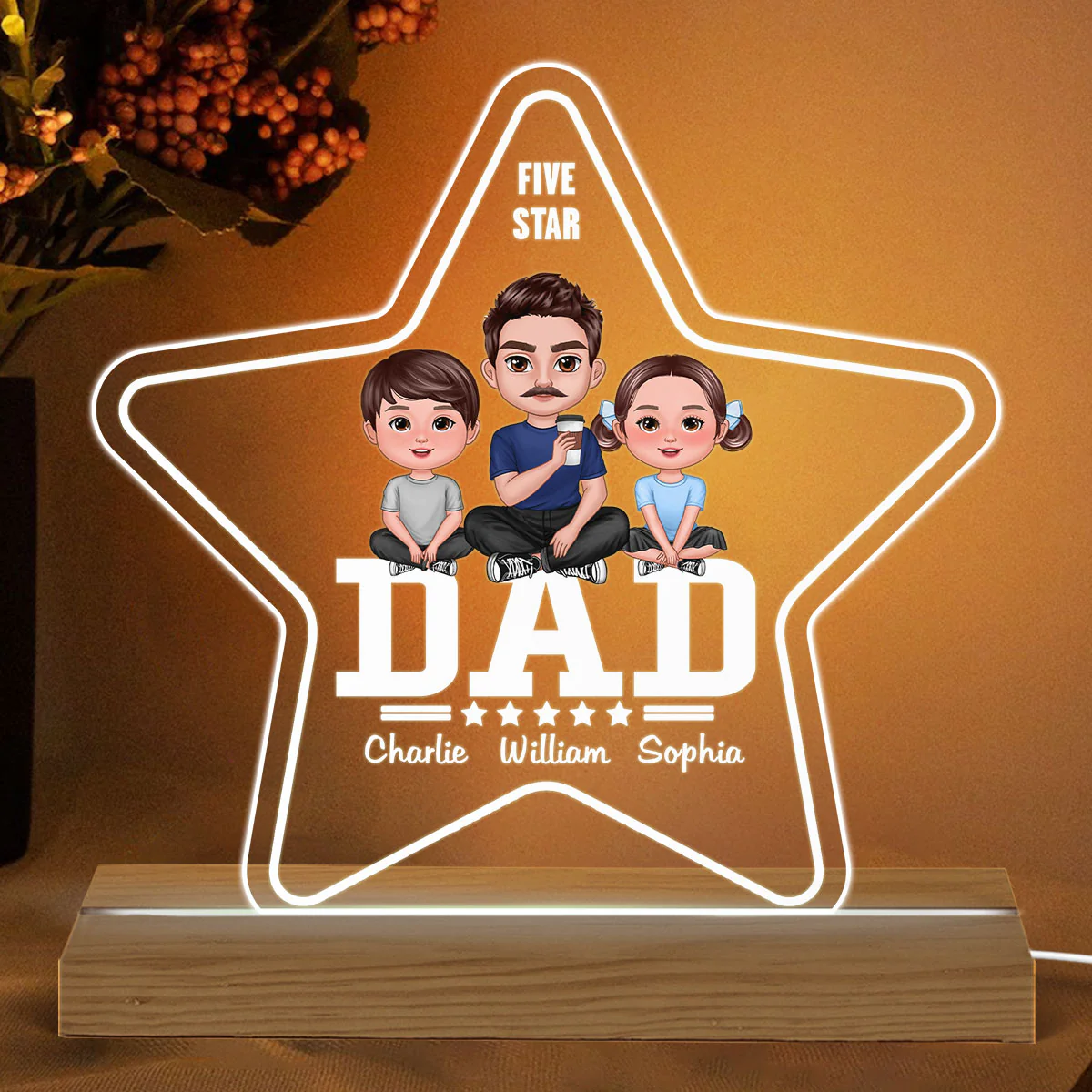 Five - Star Doll Dad And Kids Sitting Personalized Warm Custom Shape LED Night Light - Image 2