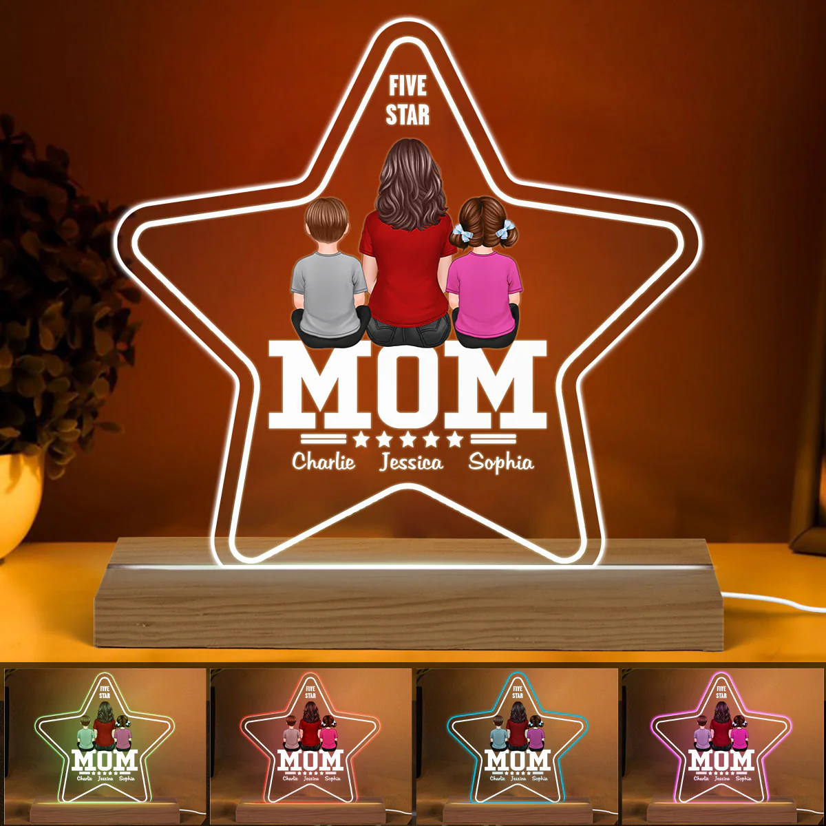 Five - Star Mom Back View Mom And Kids Personalized Acrylic Custom Shape LED Night Light