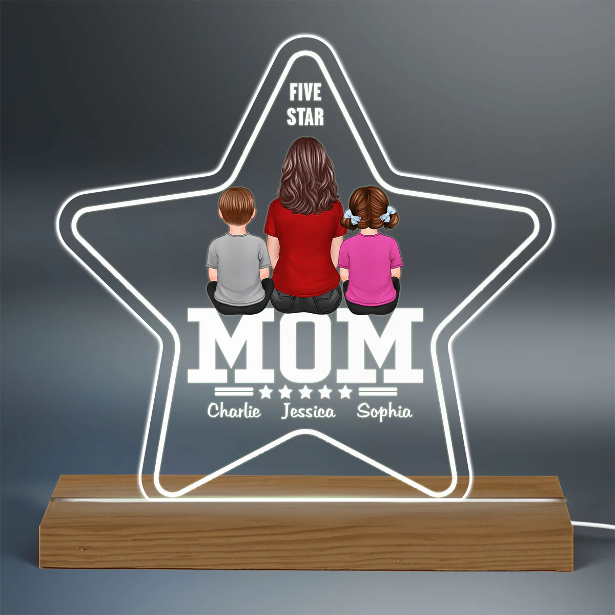 Five - Star Mom Back View Mom And Kids Personalized Acrylic Custom Shape LED Night Light - Image 3