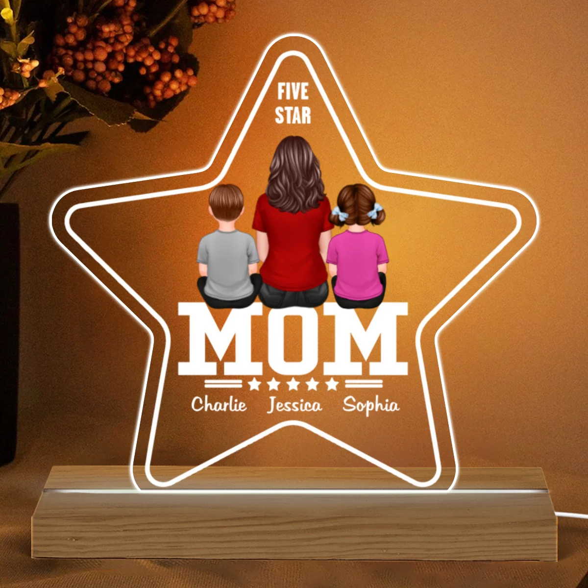 Five - Star Mom Back View Mom And Kids Personalized Acrylic Custom Shape LED Night Light - Image 5