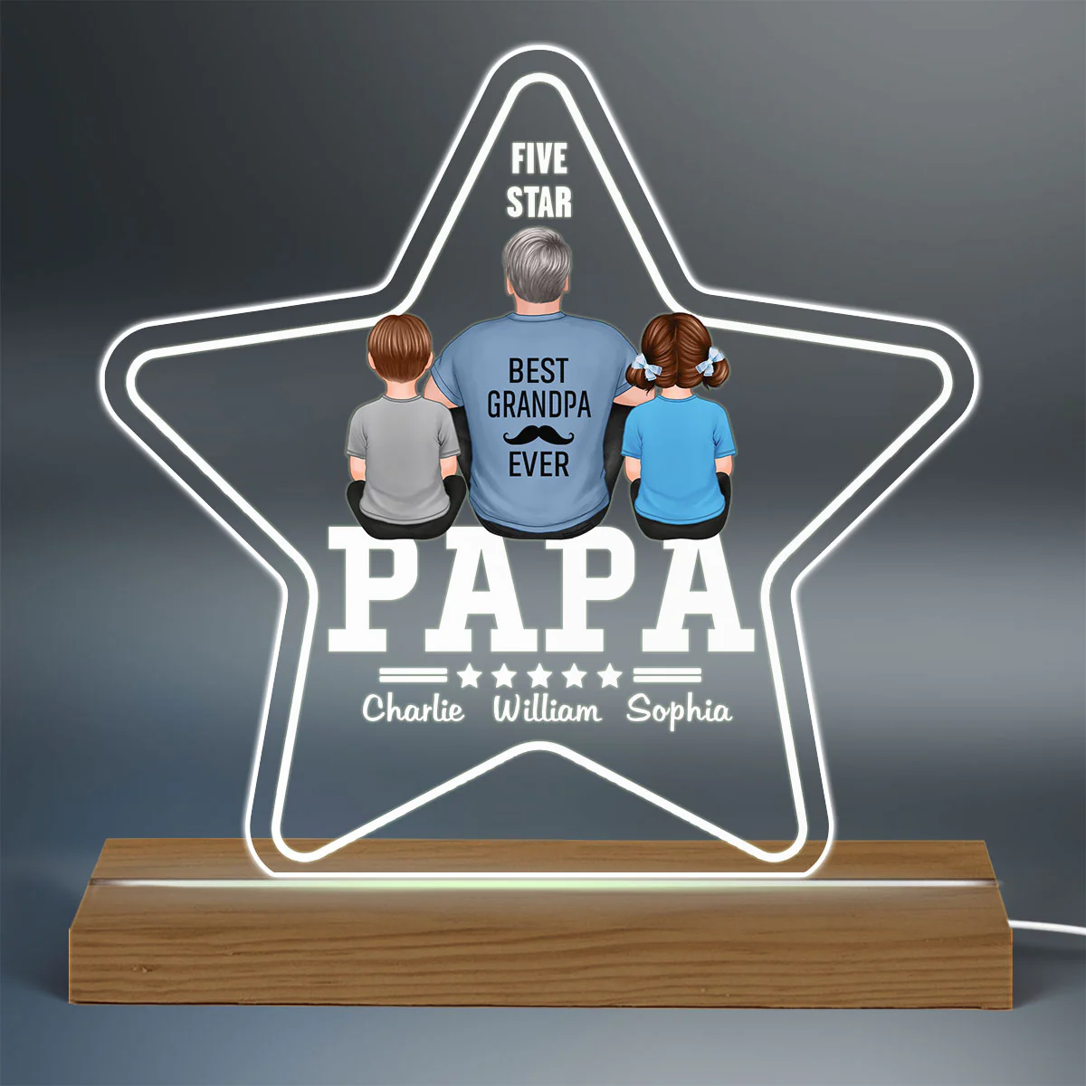 Five - Star Papa Back View Man And Kids Personalized Warm Acrylic Custom Shape LED Night Light - Image 3