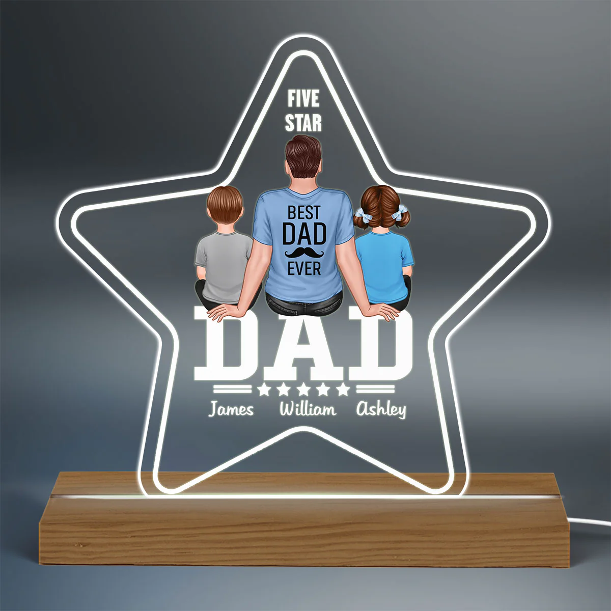 Five - Star Sitting Dad And Kids Back View Personalized Acrylic Custom Shape LED Night Light - Image 3