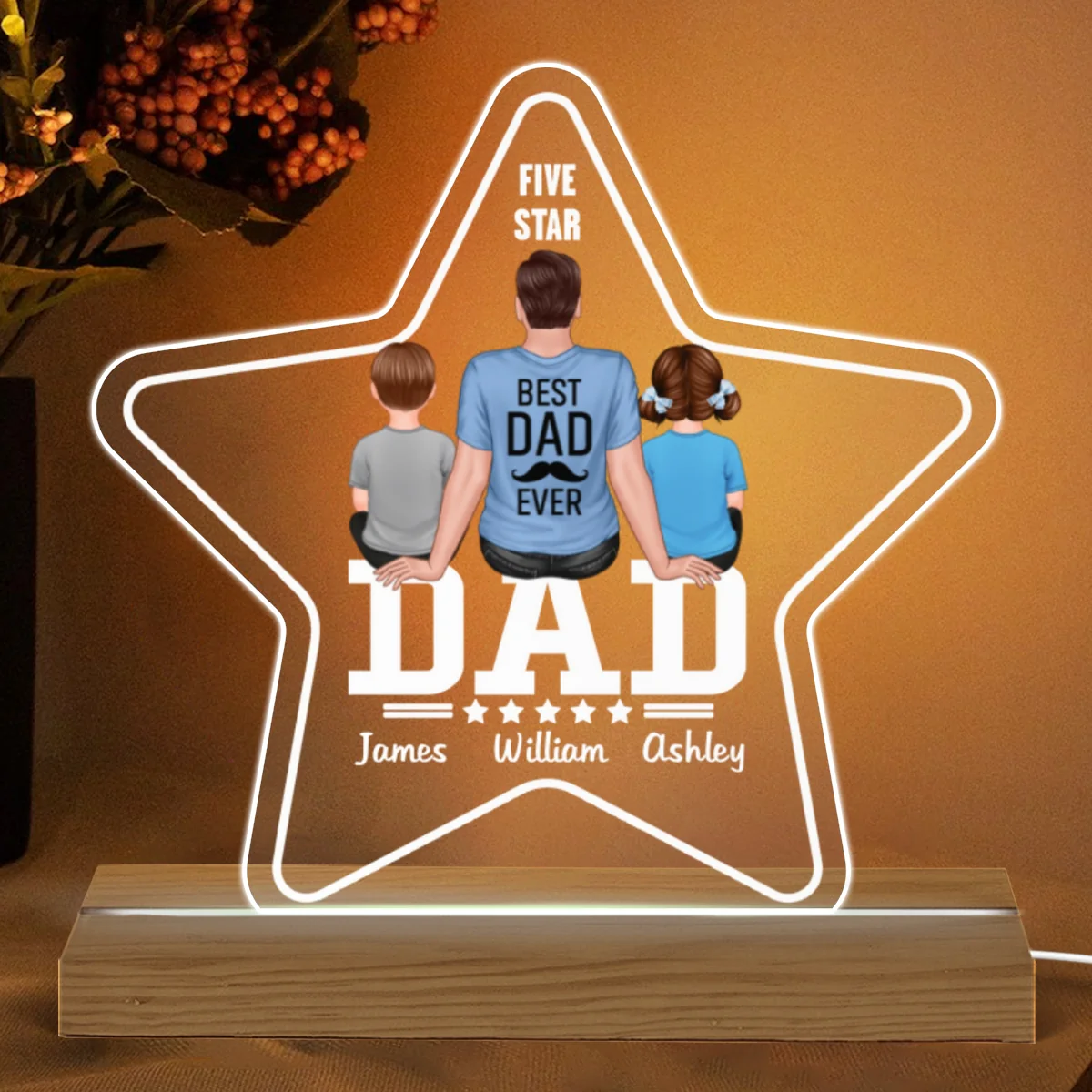 Five - Star Sitting Dad And Kids Back View Personalized Acrylic Custom Shape LED Night Light - Image 5