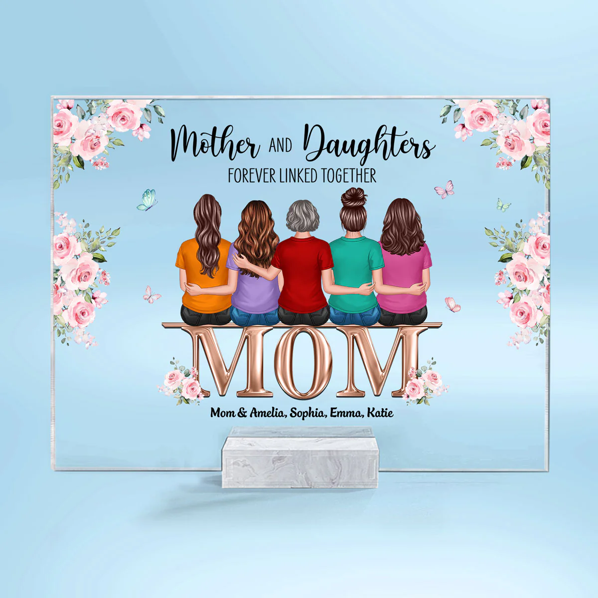 Floral Back View Mom And Daughters Sitting On Words Personalized Personalized Acrylic Plaque - Image 2