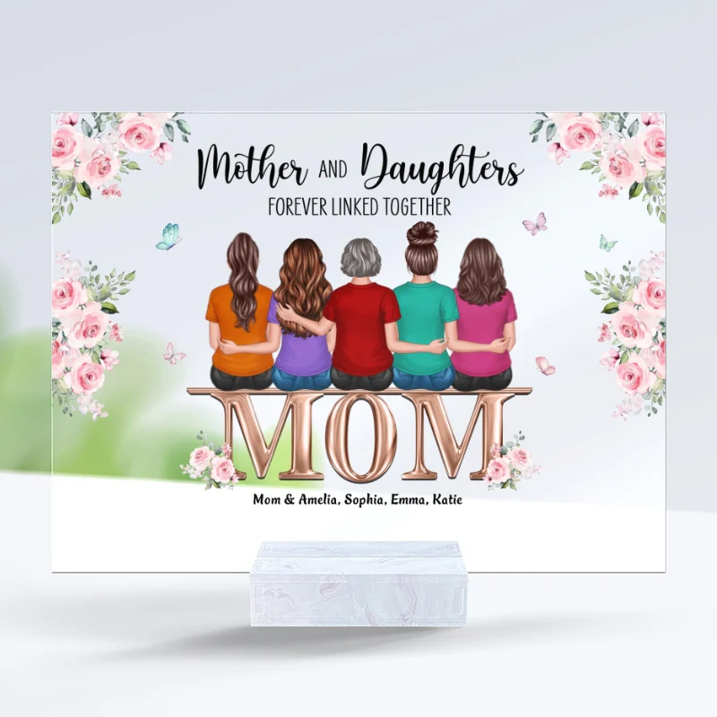 Floral Back View Mom And Daughters Sitting On Words Personalized Personalized Acrylic Plaque - Image 3