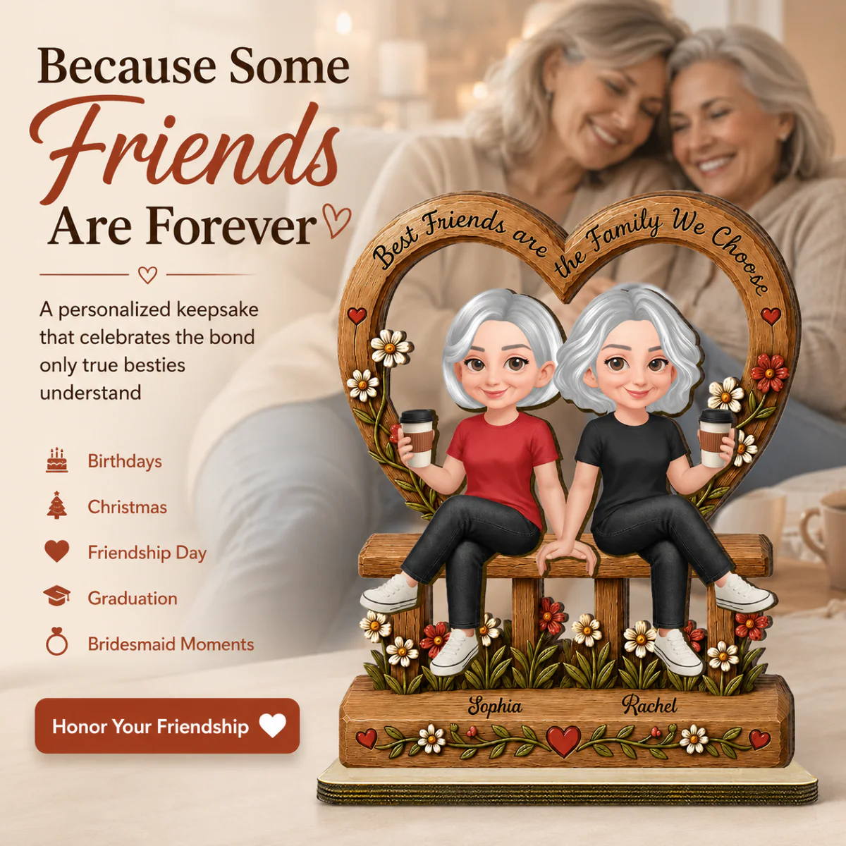 Floral Besties Best Friends Are The Family We Choose - Personalized 2-Layered Wooden Plaque - Birthday Gift, Gift For Best Friends - Image 8
