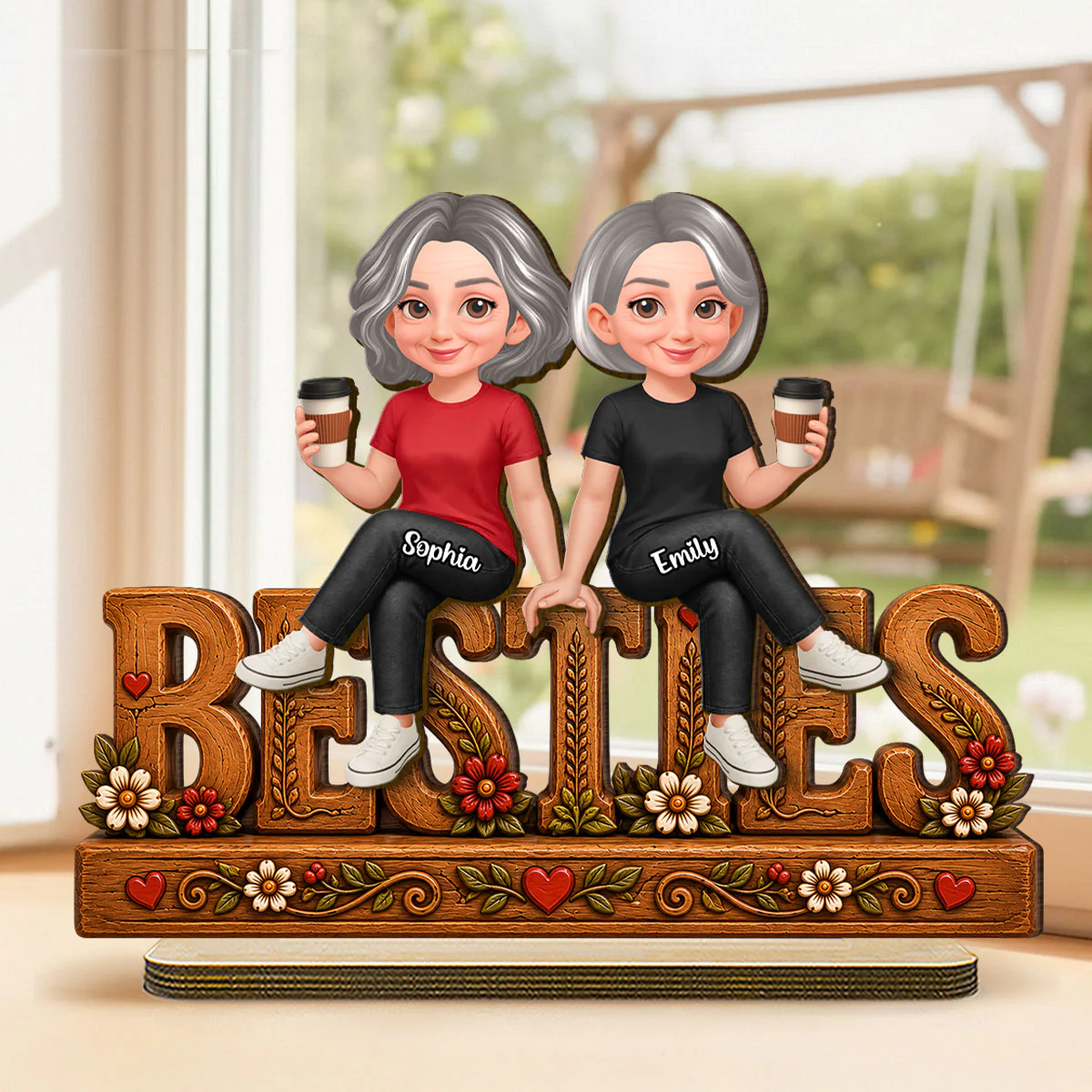 Floral Besties Forever Friends Forever - Personalized 2-Layered Wooden Plaque - Birthday Gift, Keepsake, Gift For Best Friends