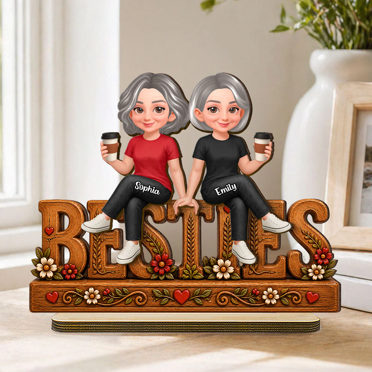 Floral Besties Forever Friends Forever - Personalized 2-Layered Wooden Plaque - Birthday Gift, Keepsake, Gift For Best Friends - Image 6