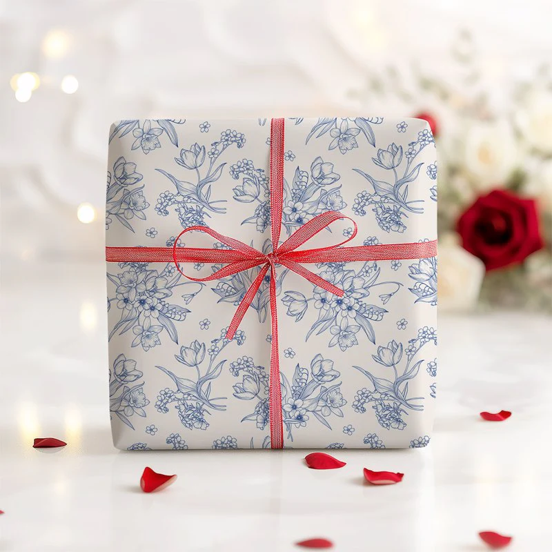 Floral Blue Gift Wrapping Paper - Image 6
