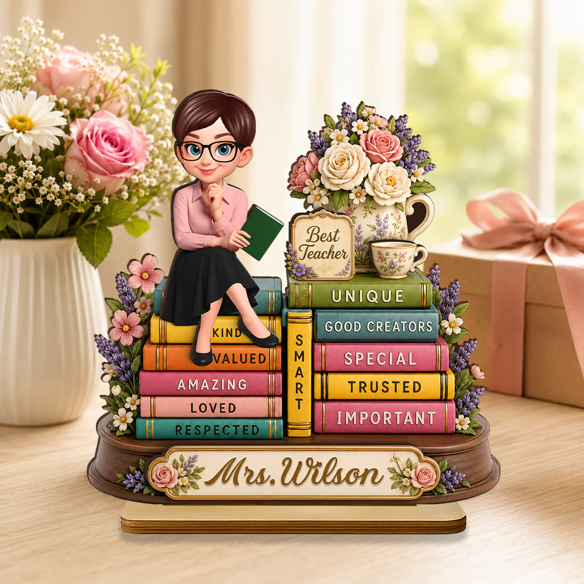 Floral Books Teacher - Personalized 2-Layered Wooden Plaque - Back To School Gift For Teachers Appreciation, Teacher Desk Name