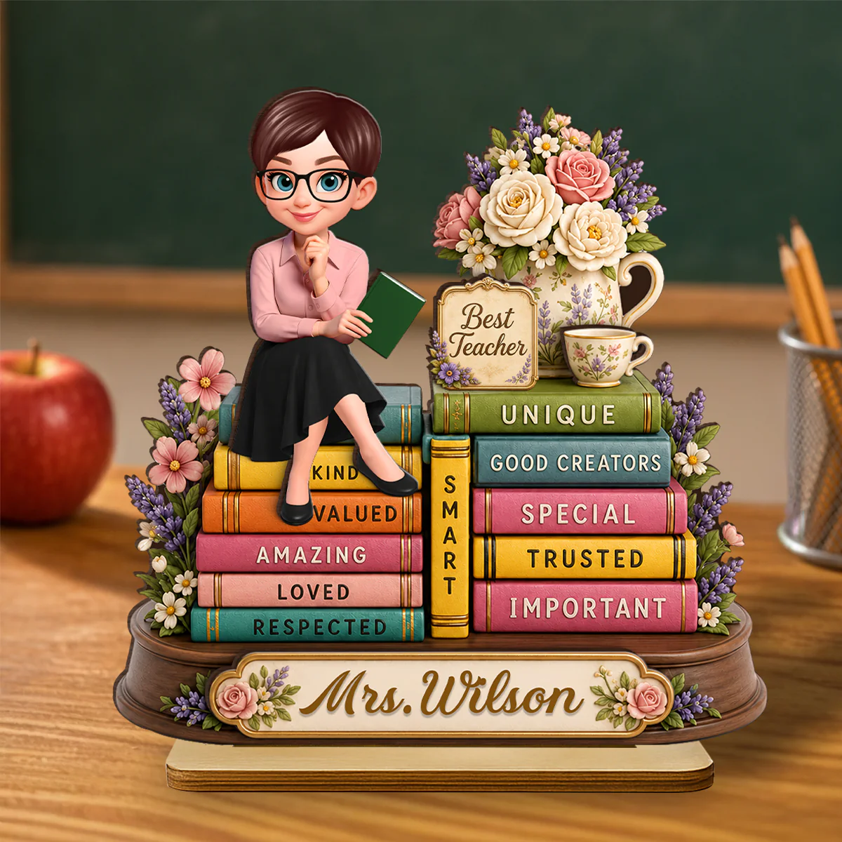 Floral Books Teacher - Personalized 2-Layered Wooden Plaque - Back To School Gift For Teachers Appreciation, Teacher Desk Name - Image 10