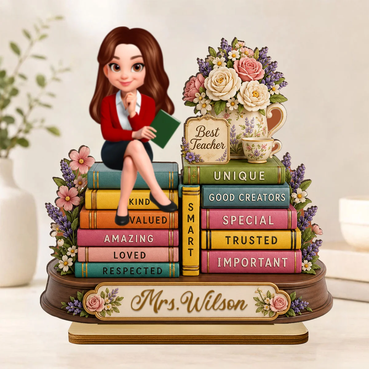 Floral Books Teacher - Personalized 2-Layered Wooden Plaque - Back To School Gift For Teachers Appreciation, Teacher Desk Name - Image 11