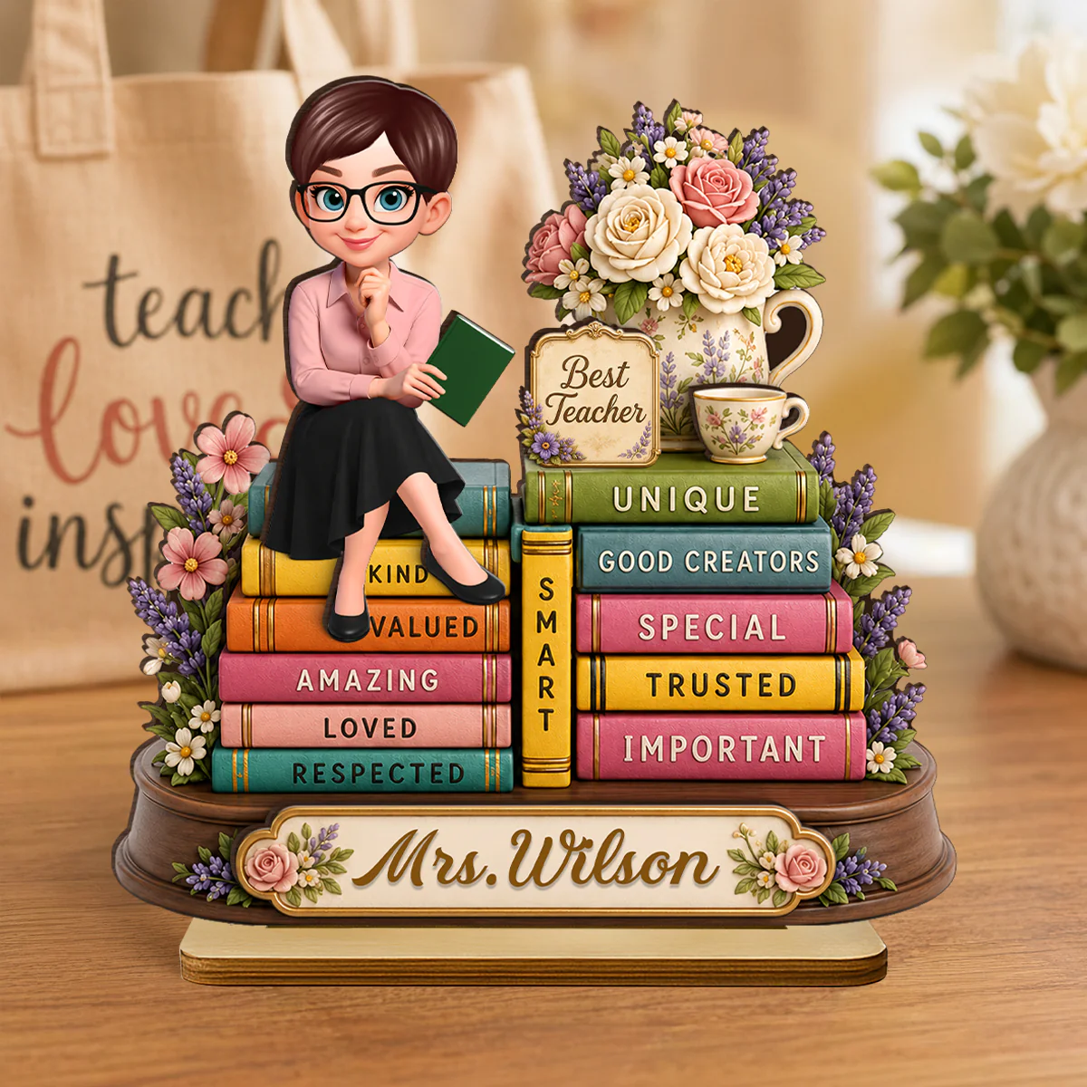 Floral Books Teacher - Personalized 2-Layered Wooden Plaque - Back To School Gift For Teachers Appreciation, Teacher Desk Name - Image 3