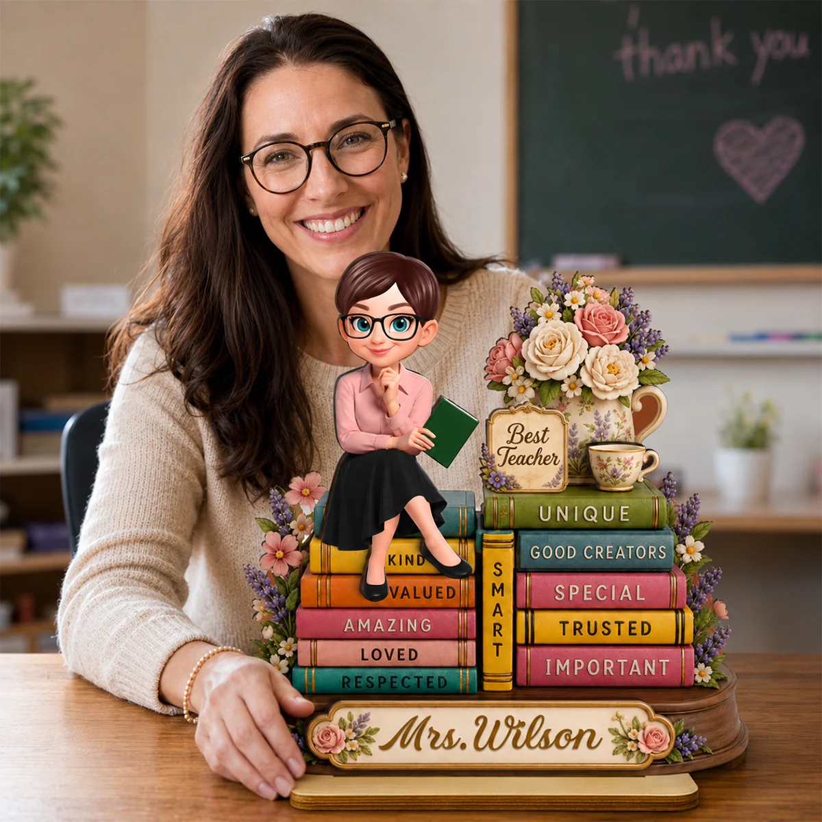 Floral Books Teacher - Personalized 2-Layered Wooden Plaque - Back To School Gift For Teachers Appreciation, Teacher Desk Name - Image 7