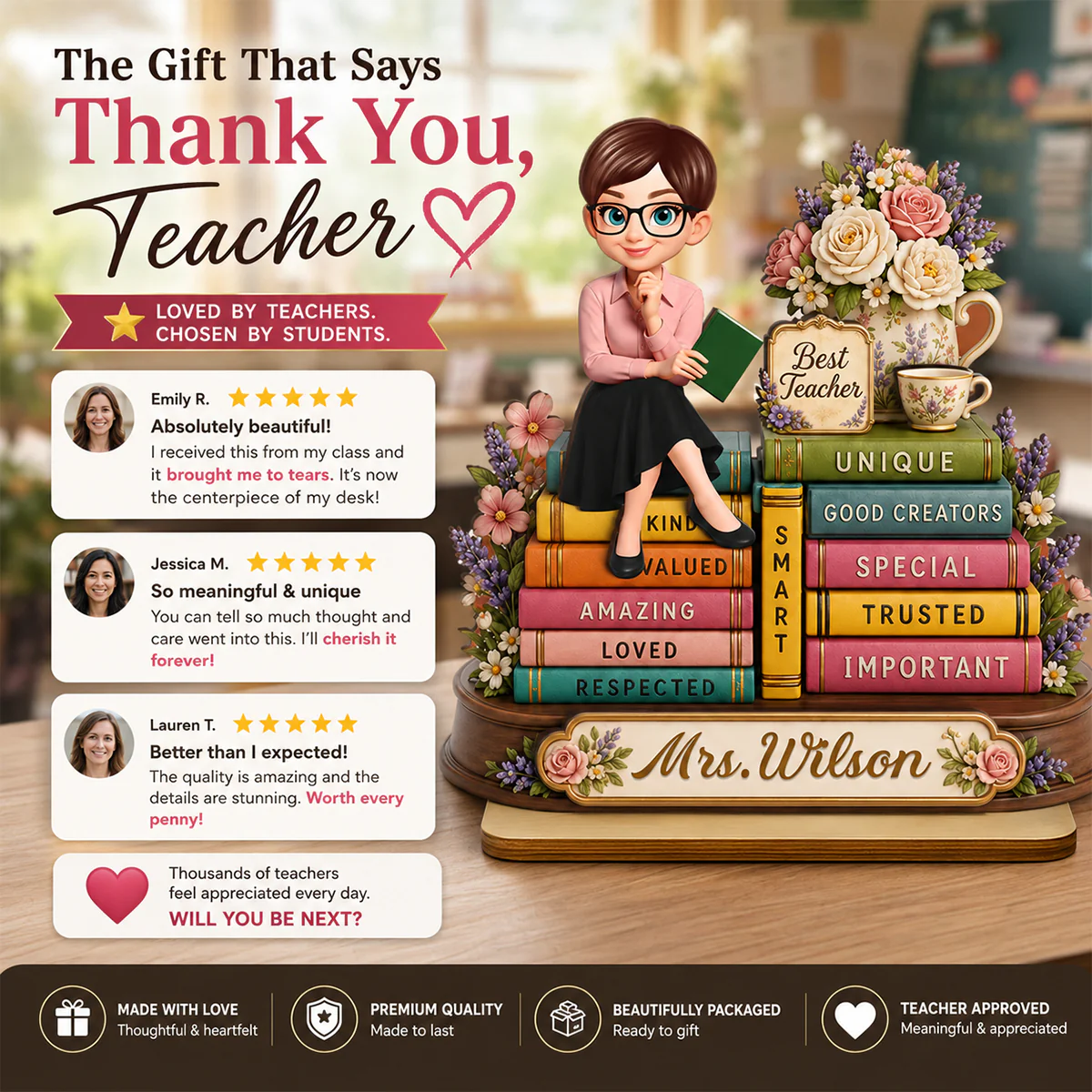 Floral Books Teacher - Personalized 2-Layered Wooden Plaque - Back To School Gift For Teachers Appreciation, Teacher Desk Name - Image 8