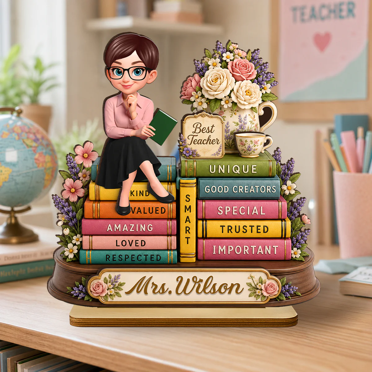 Floral Books Teacher - Personalized 2-Layered Wooden Plaque - Back To School Gift For Teachers Appreciation, Teacher Desk Name - Image 9