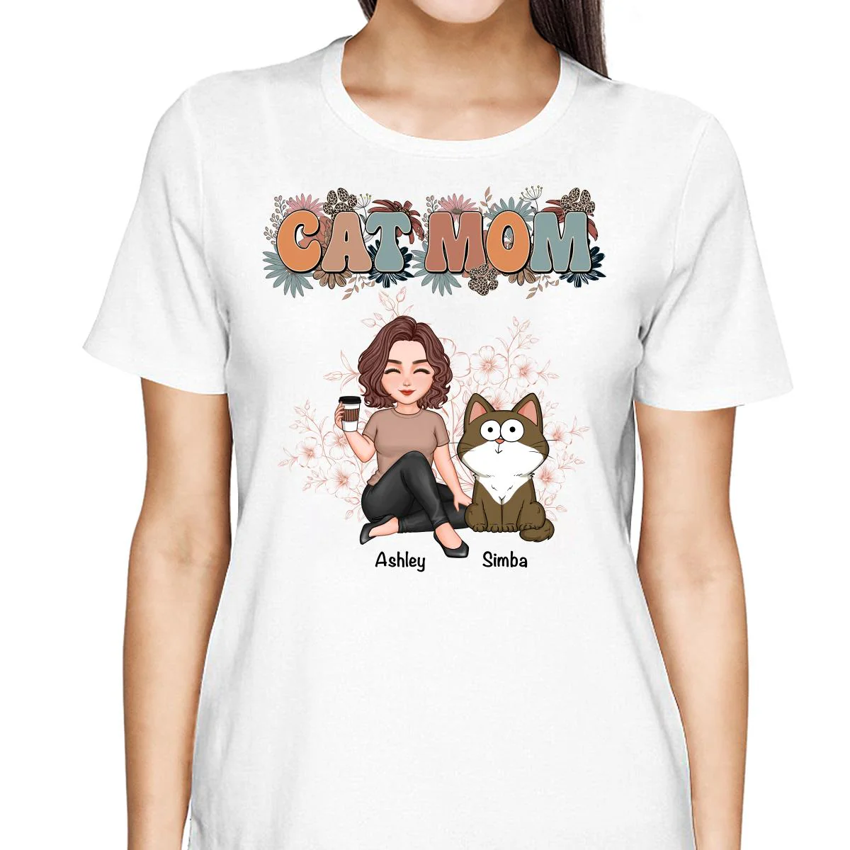 Floral Cats Mom Cute Woman And Fluffy Cats Funny Expressions Personalized Shirt - Image 2
