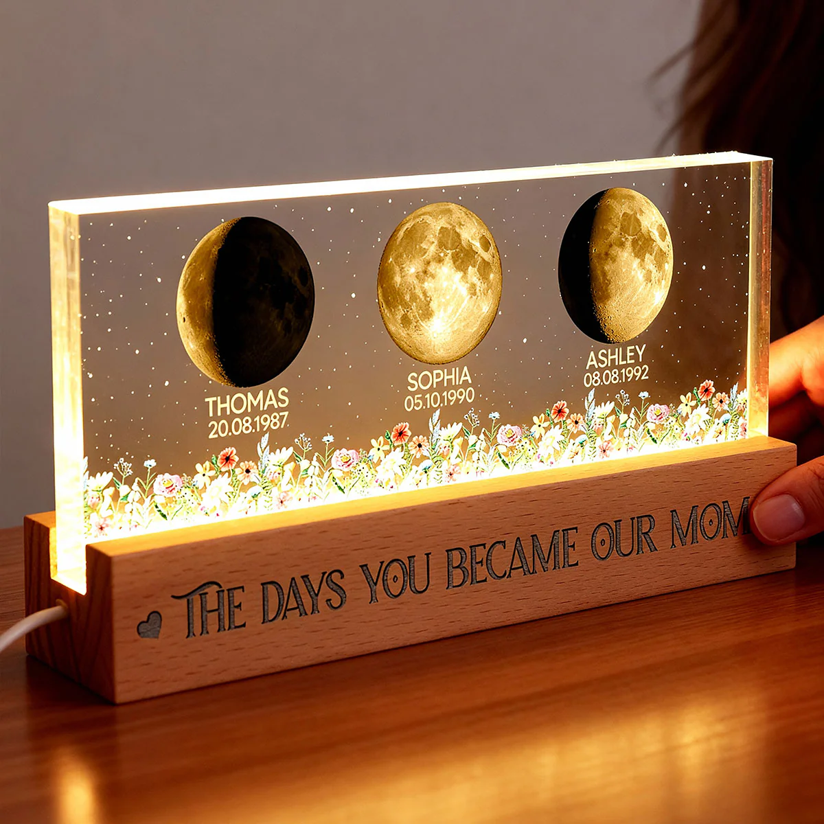Floral Custom Birth Moon Phase The Day You Become Our Mom - Personalized Acrylic Block LED Night Light - Heartfelt Gift For Mom - Image 2