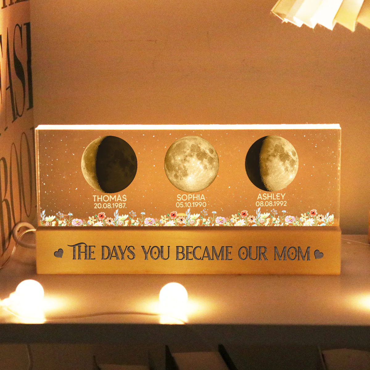 Floral Custom Birth Moon Phase The Day You Become Our Mom - Personalized Acrylic Block LED Night Light - Heartfelt Gift For Mom - Image 3