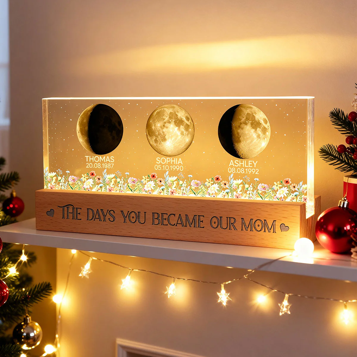 Floral Custom Birth Moon Phase The Day You Become Our Mom - Personalized Acrylic Block LED Night Light - Heartfelt Gift For Mom - Image 4