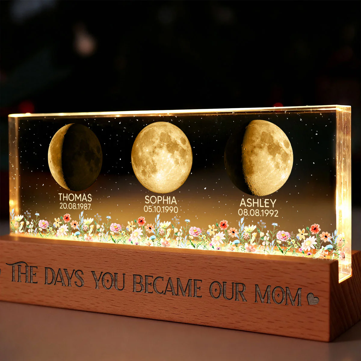 Floral Custom Birth Moon Phase The Day You Become Our Mom - Personalized Acrylic Block LED Night Light - Heartfelt Gift For Mom - Image 5