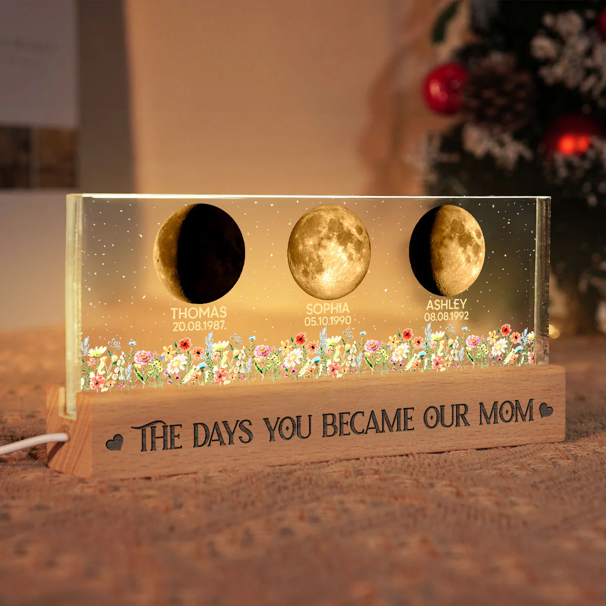 Floral Custom Birth Moon Phase The Day You Become Our Mom - Personalized Acrylic Block LED Night Light - Heartfelt Gift For Mom - Image 7