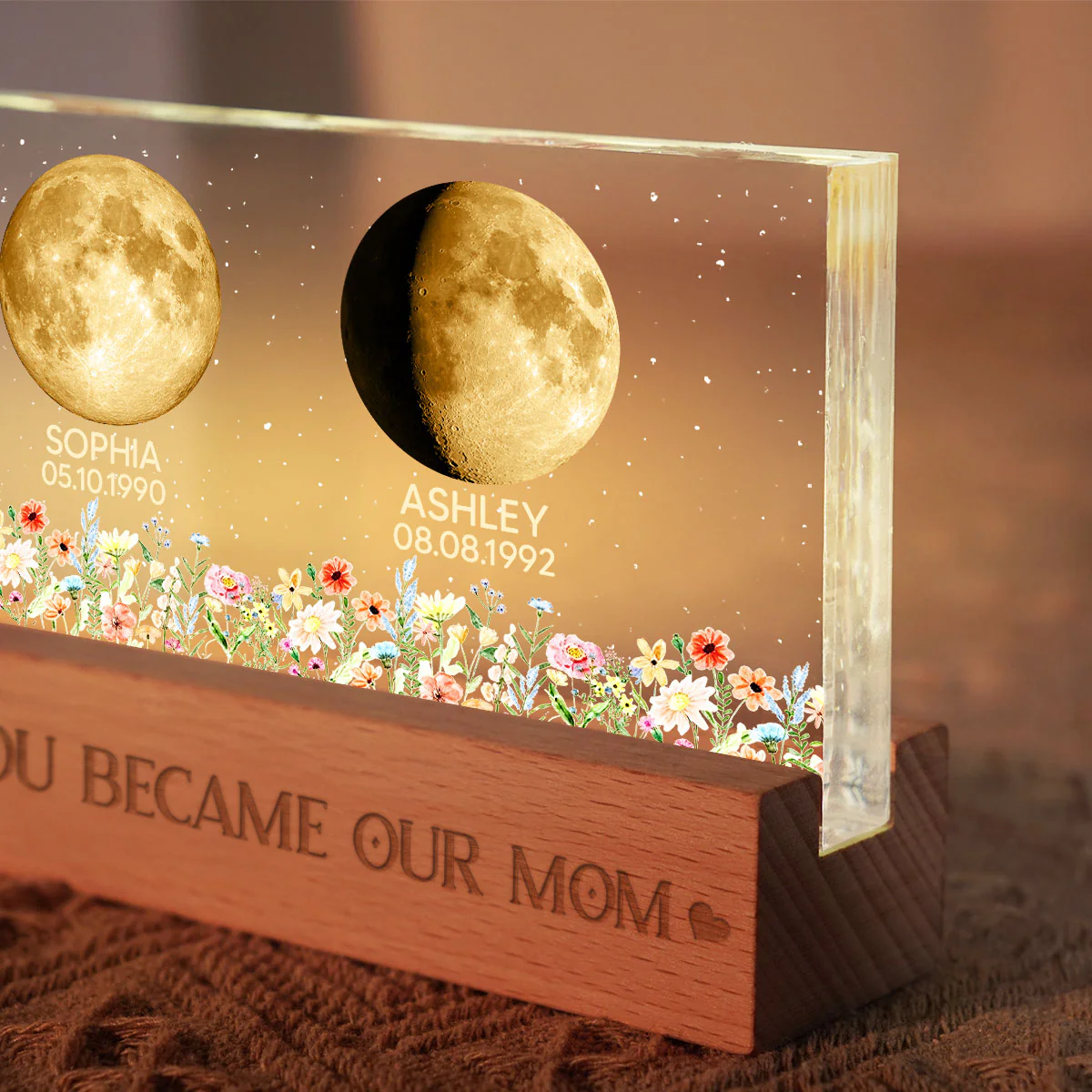 Floral Custom Birth Moon Phase The Day You Become Our Mom - Personalized Acrylic Block LED Night Light - Heartfelt Gift For Mom - Image 9