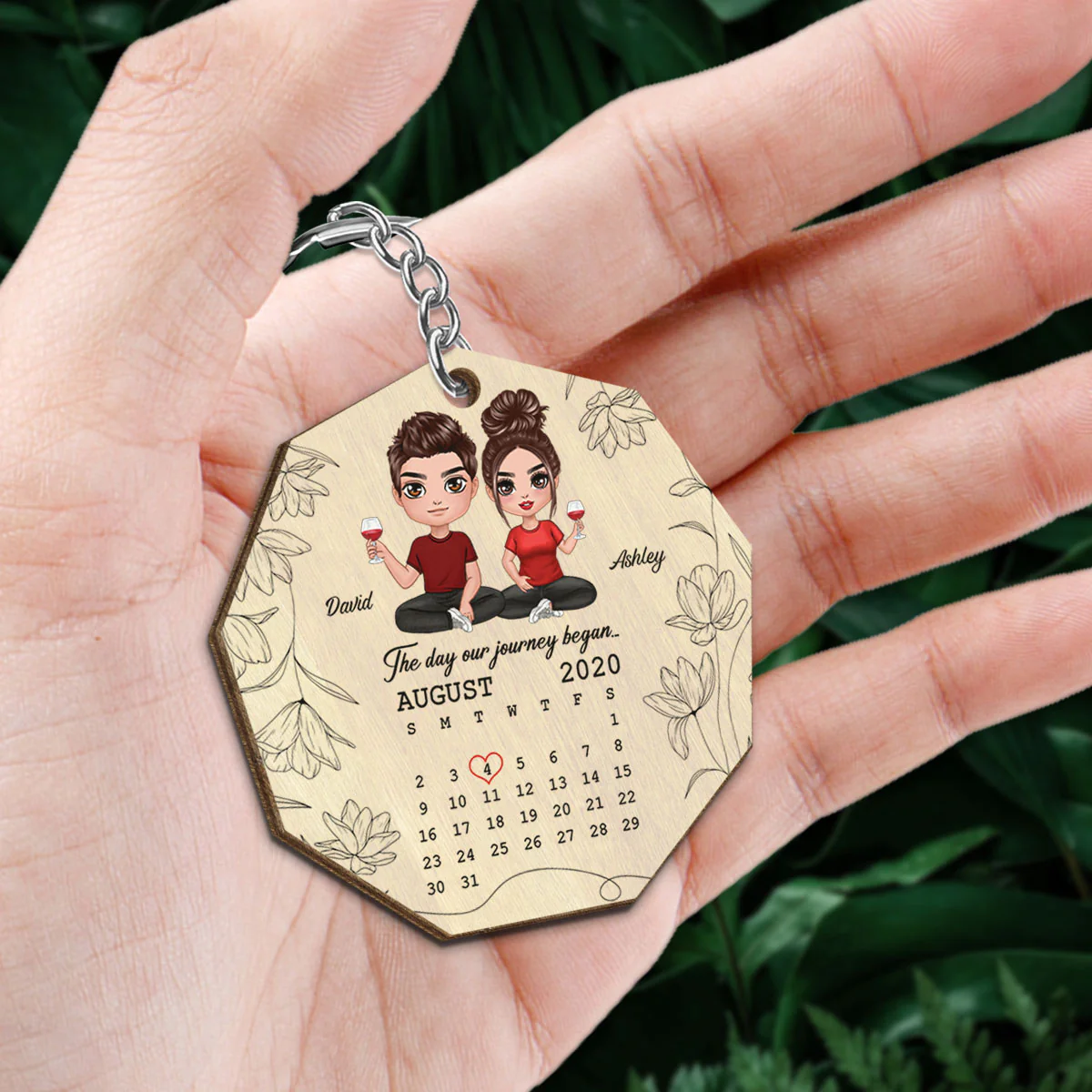 Floral Doll Couple Sitting Calendar Anniversary Date Gift For Him For Her Personalized Wooden Keychain - Image 2