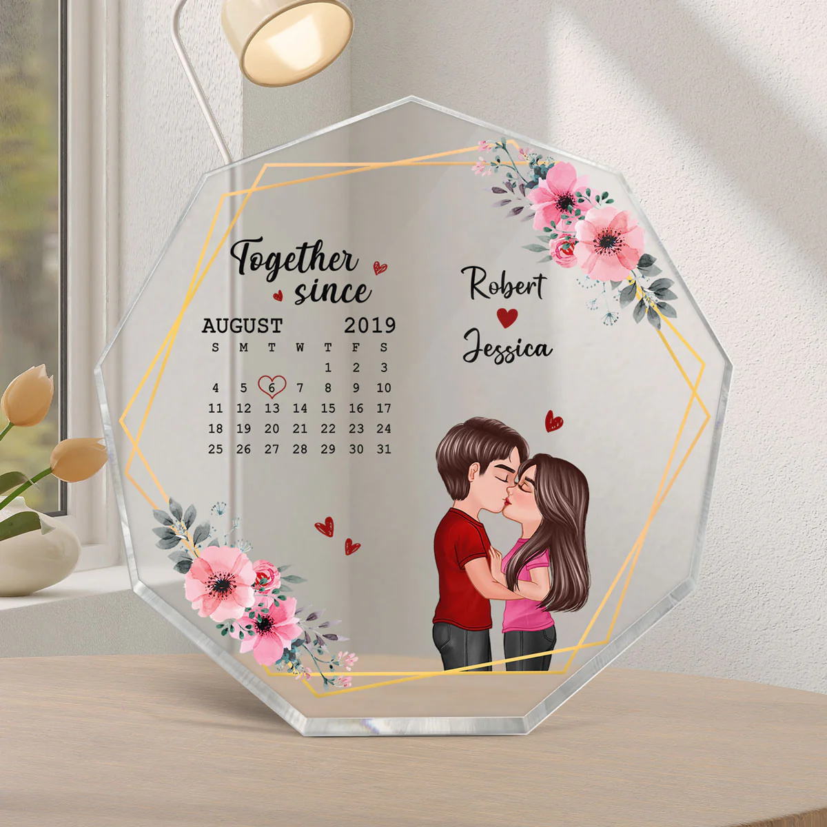 Floral Frame Doll Couple Kissing Calendar Personalized Acrylic Nonagon Plaque - Image 3