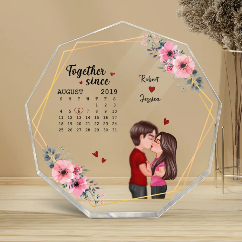 Floral Frame Doll Couple Kissing Calendar Personalized Acrylic Nonagon Plaque - Image 4