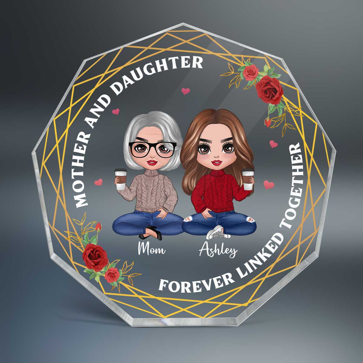 Floral Frame Doll Mother Daughters Personalized Nonagon Acrylic Plaque - Image 2