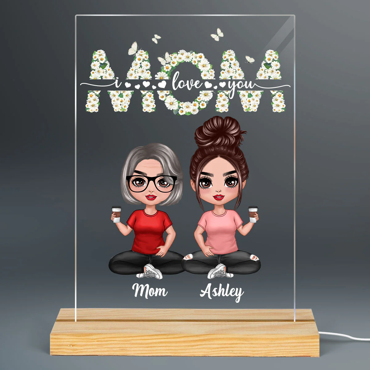 Floral Mother Daughter Sitting Personalized Rectangle Acrylic Plaque LED Night Light - Image 2