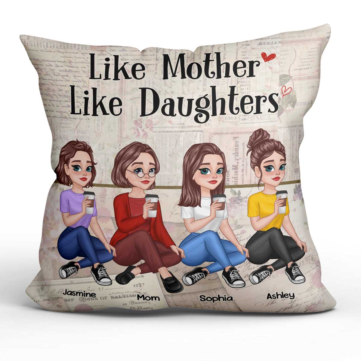 Floral Old Paper Pretty Cartoon Mother Daughter Sitting Personalized Pillow