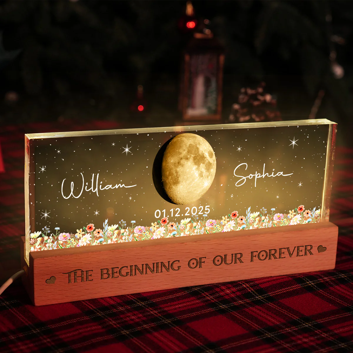 Floral Our Moon Couple Custom Moon Phase Anniversary Date - Personalized Acrylic Block LED Plaque Night Light - Gift For Couple - Image 10