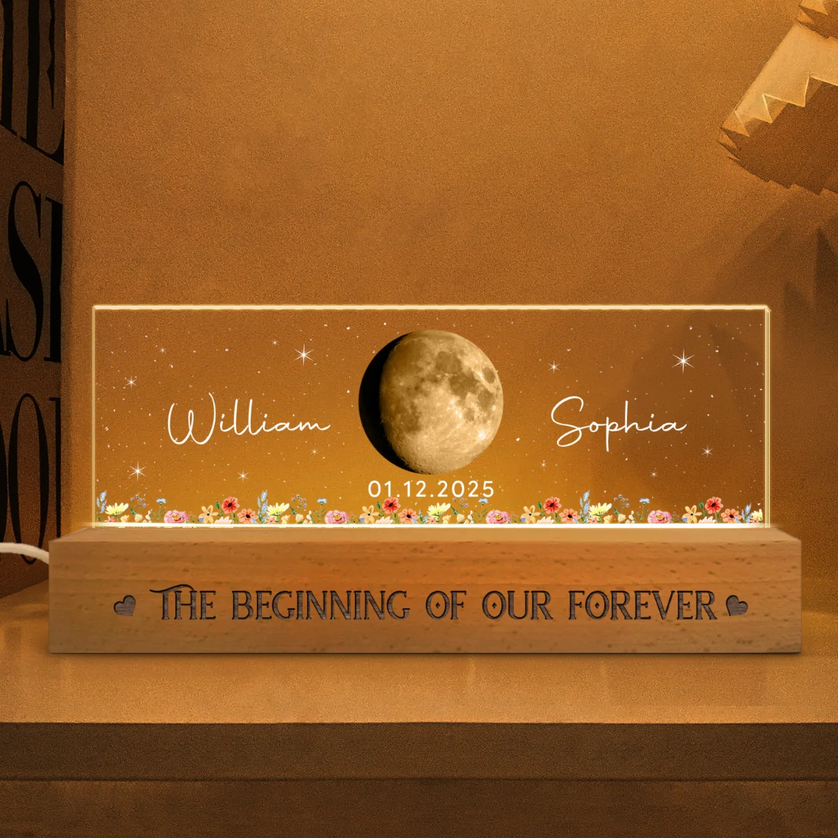 Floral Our Moon Couple Custom Moon Phase Anniversary Date - Personalized Acrylic Block LED Plaque Night Light - Gift For Couple - Image 14