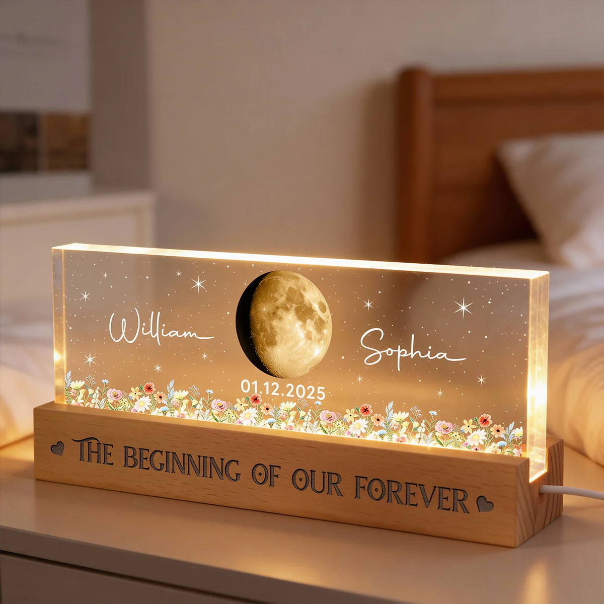 Floral Our Moon Couple Custom Moon Phase Anniversary Date - Personalized Acrylic Block LED Plaque Night Light - Gift For Couple - Image 2